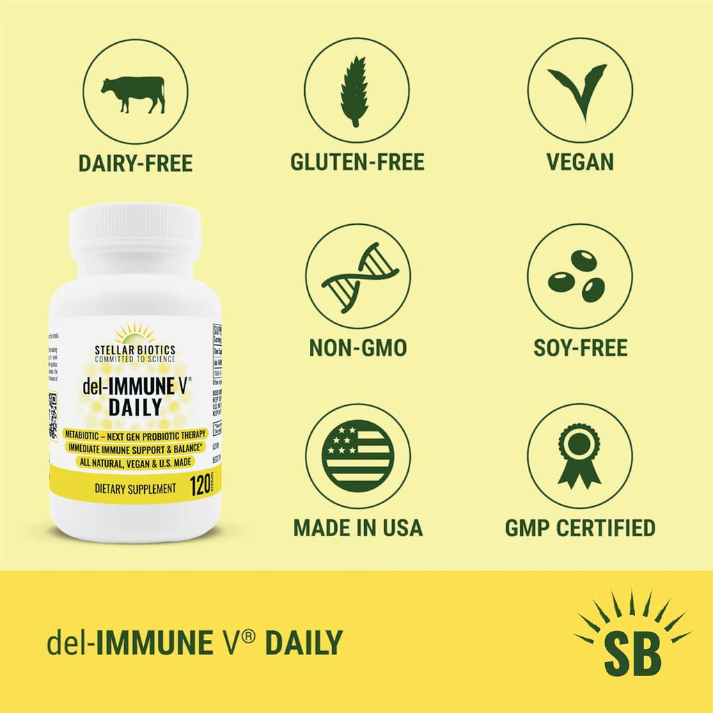 Del-Immune V® Daily by Stellar Biotics, All-Natural Immune Support & Gut Health, Immediate Care, Metabiotic: NextGen Probiotic Therapy (120 Caps)