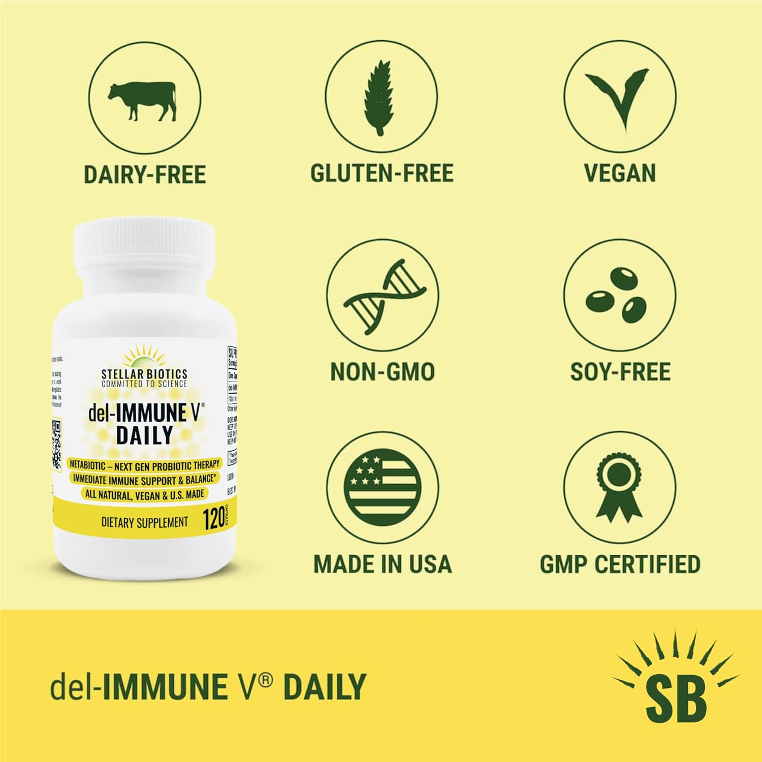Del-Immune V® Daily by Stellar Biotics, All-Natural Immune Support & Gut Health, Immediate Care, Metabiotic: NextGen Probiotic Therapy (120 Caps)