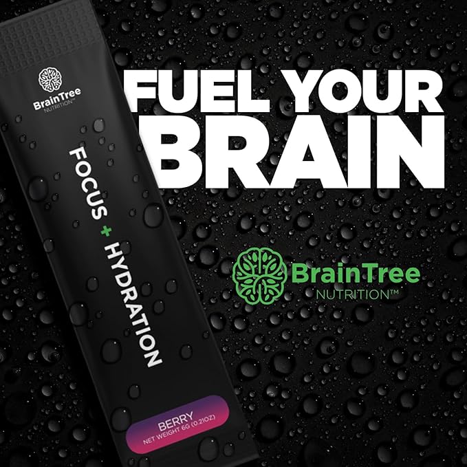BrainTree Nutrition - Focus + Hydration - Electrolyte Drink Mix - Total Body Hydration - Supports Cognitive Function, Energy & Muscle Recovery - Sugar Free - Berry - 30 Stick Packs