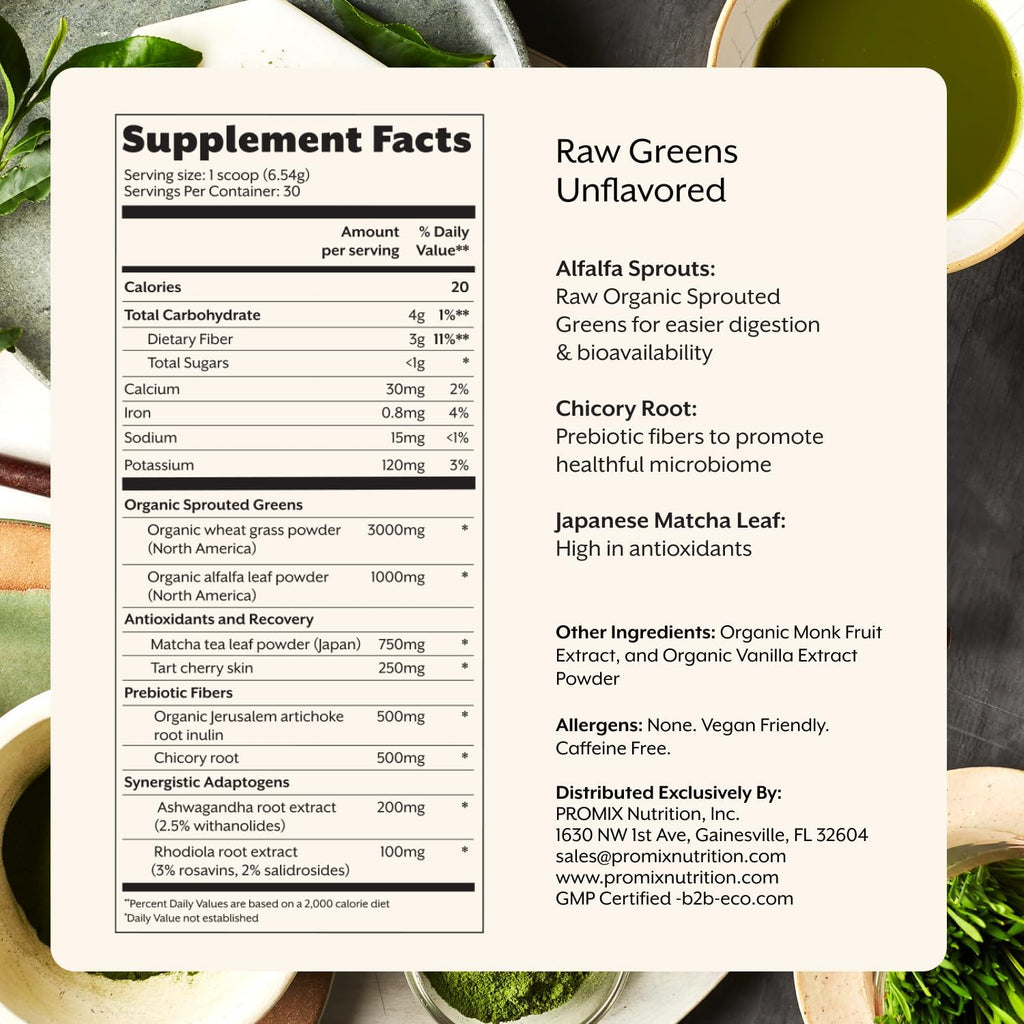 ProMix Nutrition Raw Greens Superfood Blend - Sprouted Alfalfa, Wheatgrass, Ashwagandha, & Rhodiola - 30 Servings