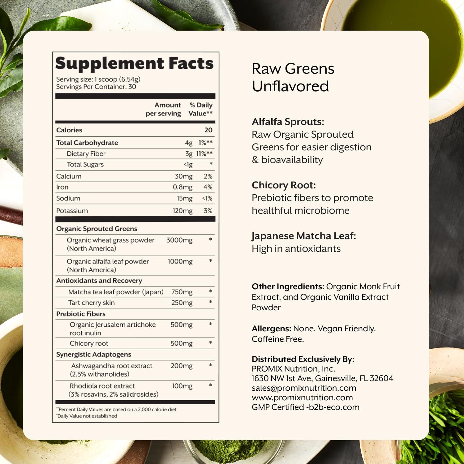 ProMix Nutrition Raw Greens Superfood Blend - Sprouted Alfalfa, Wheatgrass, Ashwagandha, & Rhodiola - 30 Servings