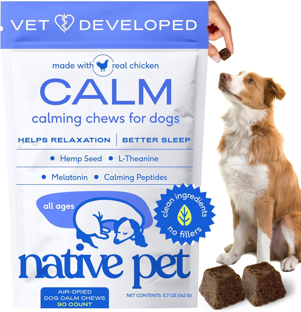 Native Pet Calming Chews for Dogs - Melatonin for Dogs Anxiety Relief - Grain Free All Natural Hemp Calming Treats & L-Theanine Helps Manage Stress & Separation Anxiety - Puppy Sleep Aid - 90 Chews