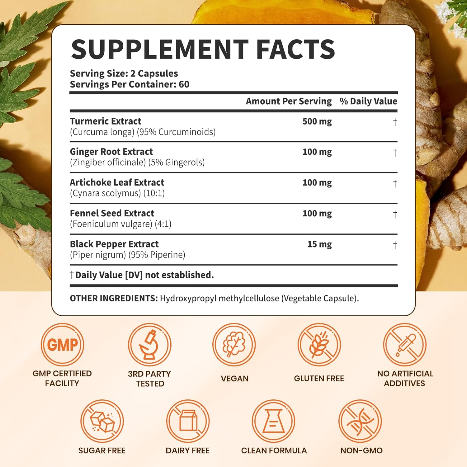 Turmeric Supplement with Ginger Root and BioPerine – 500mg Turmeric Extract – Joint & Digestive Support – 120 Vegan Capsules, Gluten-Free, Sugar-Free