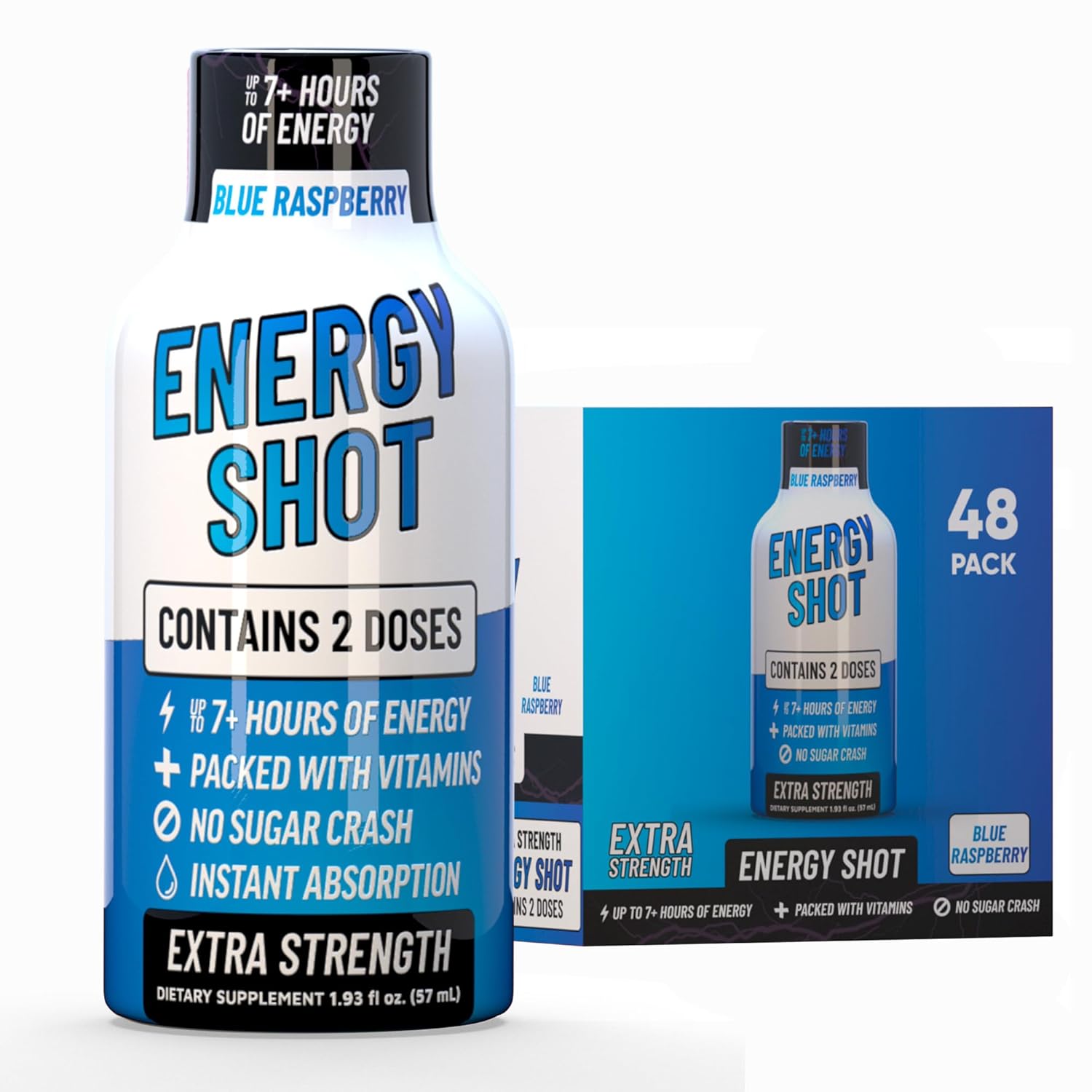 Blue Raspberry Extra Strength Energy Shot 48 pk – 260mg Natural Caffeine B12 B6 – Energy & Focus Support – 2 Servings Sugar Free Zero Calorie Green Tea B-Vitamins Electrolytes Vegan – 1.93 fl oz