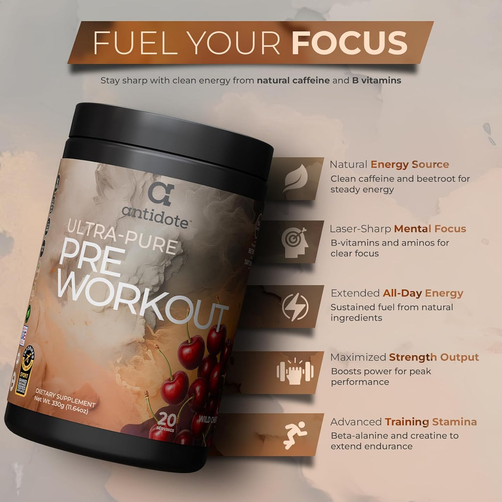 Antidote Clean Pre-Workout Powder - Natural Energy & Focus Booster with Beetroot, Creatine & Beta-Alanine - No Artificial Additives - Vegan, Keto-Friendly Supplement - Wild Cherry - 20 Servings