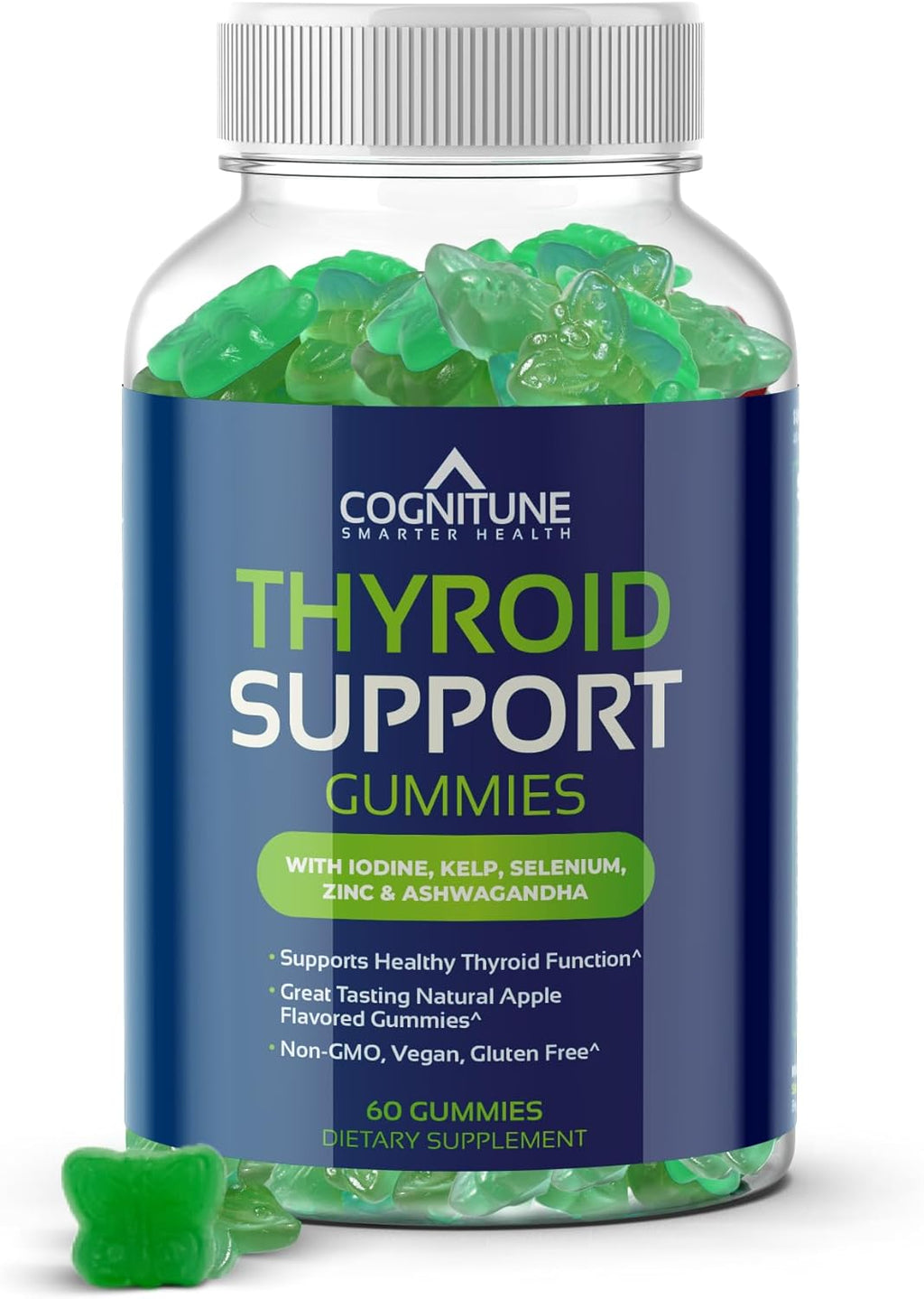 CogniTune Thyroid Support for Women and Men – Thyroid Supplement with Iodine, Kelp, Ashwagandha, Selenium, Zinc, L-Tyrosine – Natural Apple Flavor Thyroid Gummies for Hypothyroidism Support