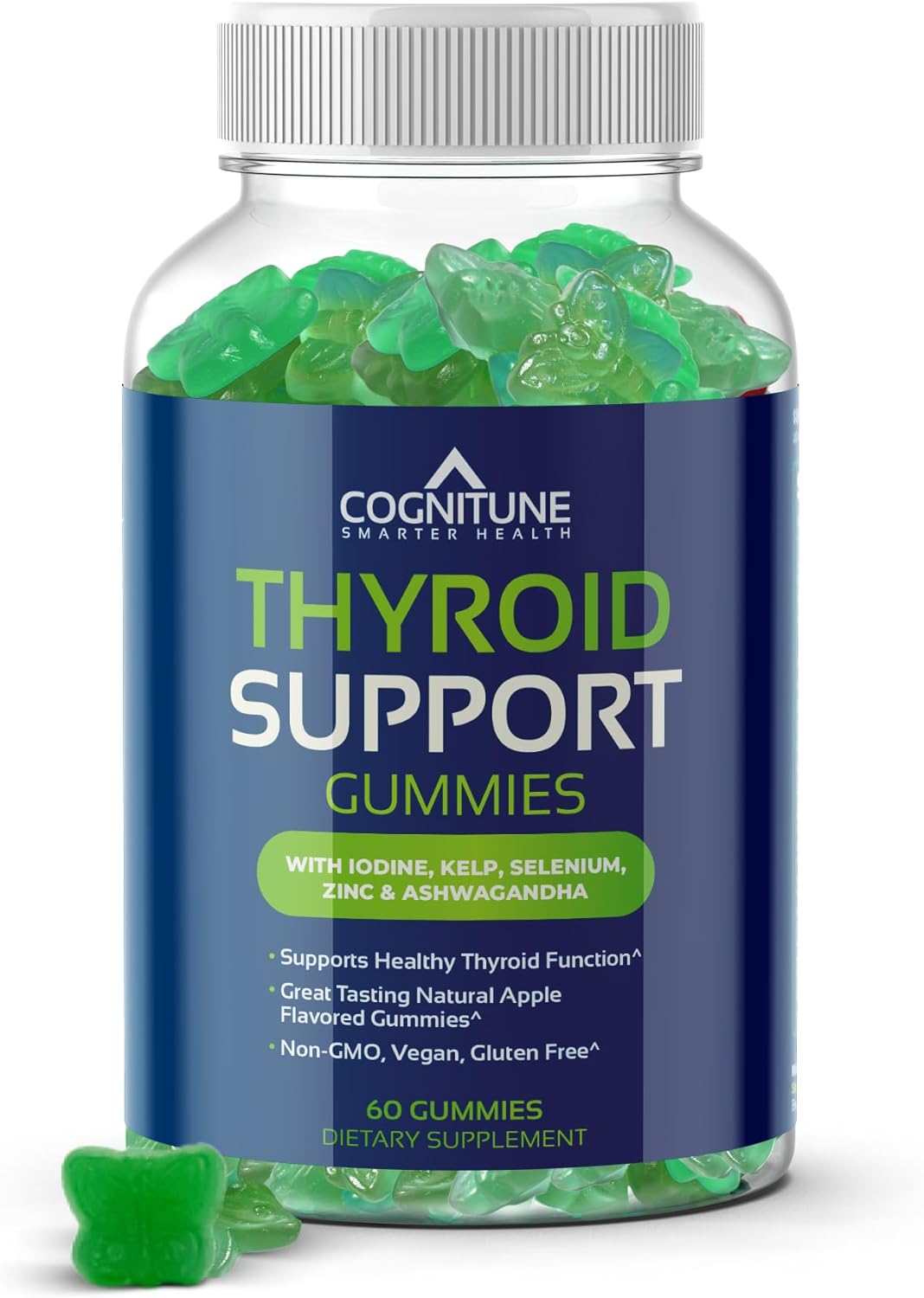 CogniTune Thyroid Support for Women and Men – Thyroid Supplement with Iodine, Kelp, Ashwagandha, Selenium, Zinc, L-Tyrosine – Natural Apple Flavor Thyroid Gummies for Hypothyroidism Support