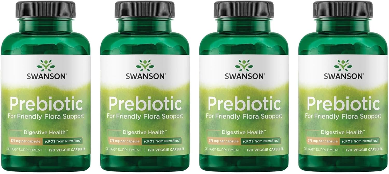 Swanson Prebiotic Capsules - Promotes Friendly Flora Support & Overall Digestive Health - Prebiotic Fiber Promoting Gut Health & Immune Support - (120 Veggie Capsules, 750mg Each) 4 Pack