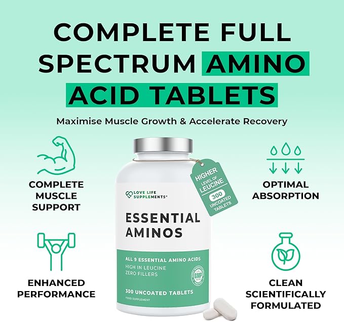 Essential Amino Acids - 300 Easy To Swallow Tablets / 60 Servings - All 9 EAA Amino Acids with All 3 BCAA's Plus 6 More EAAs to Build and Repair Muscle, 5-10g per Serving, High in Leucine and Vegan