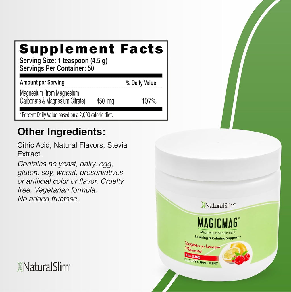 NaturalSlim Magicmag Pure Magnesium Citrate Powder Stress, Constipation, Muscle, Heart Health, and Sleep Support | Raspberry Lemon Magnesium Supplement - 8oz Drink Mix (3 Pack)