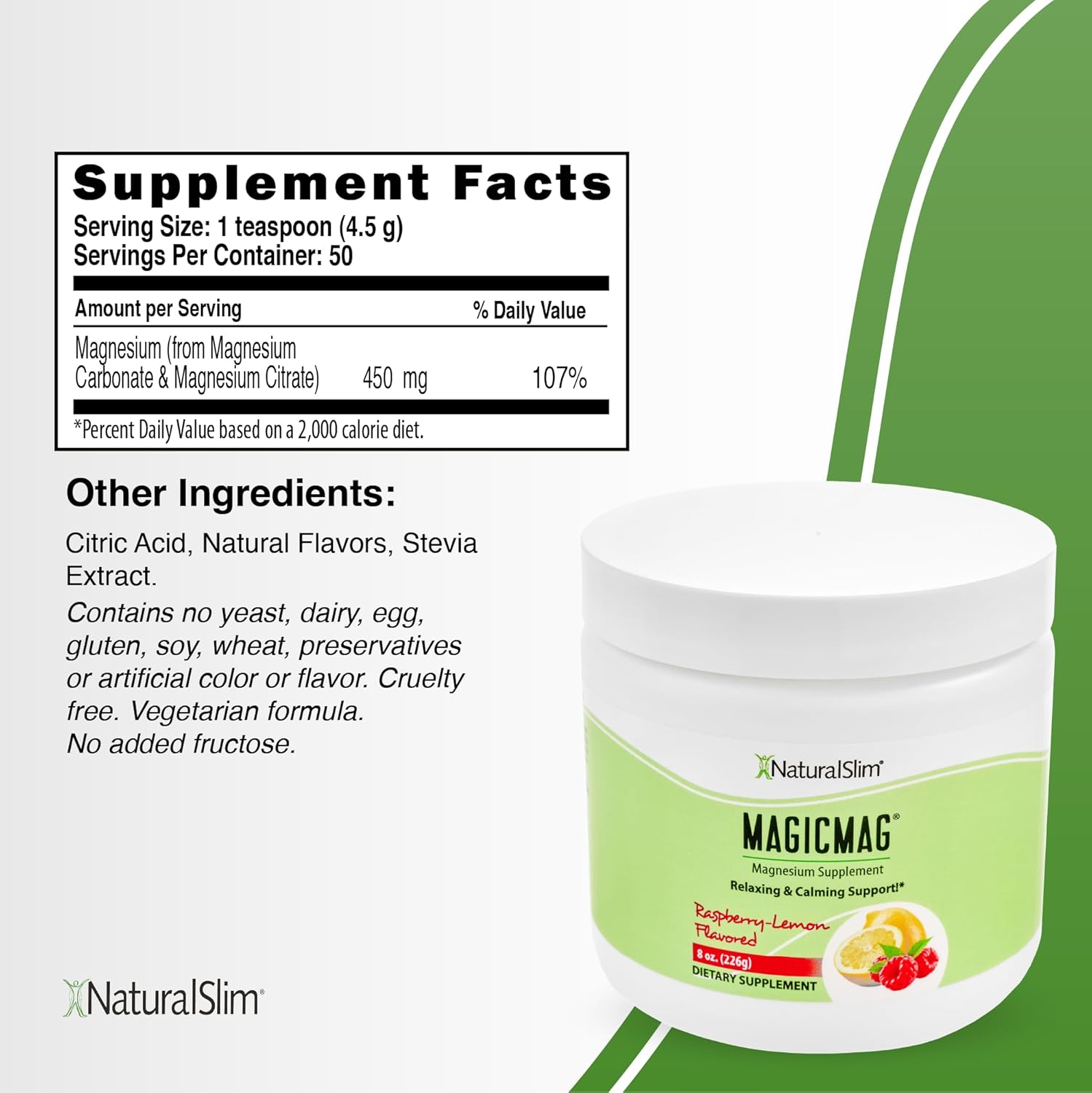 NaturalSlim Magicmag Pure Magnesium Citrate Powder Stress, Constipation, Muscle, Heart Health, and Sleep Support | Raspberry Lemon Magnesium Supplement - 8oz Drink Mix (2 Pack)