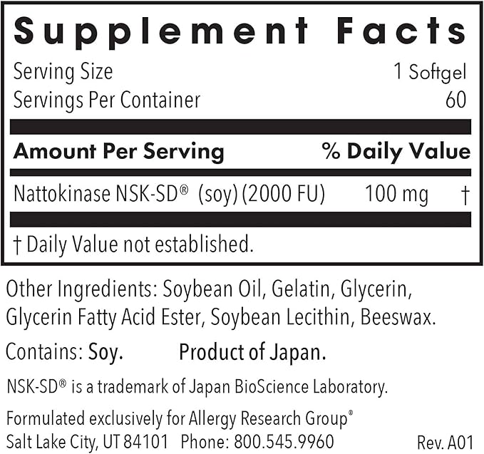 Allergy Research Group - Nattokinase Supplement NSK-SD 2000 FU, 100mg - Cardiovascular/Circulatory Health - 60 Softgels
