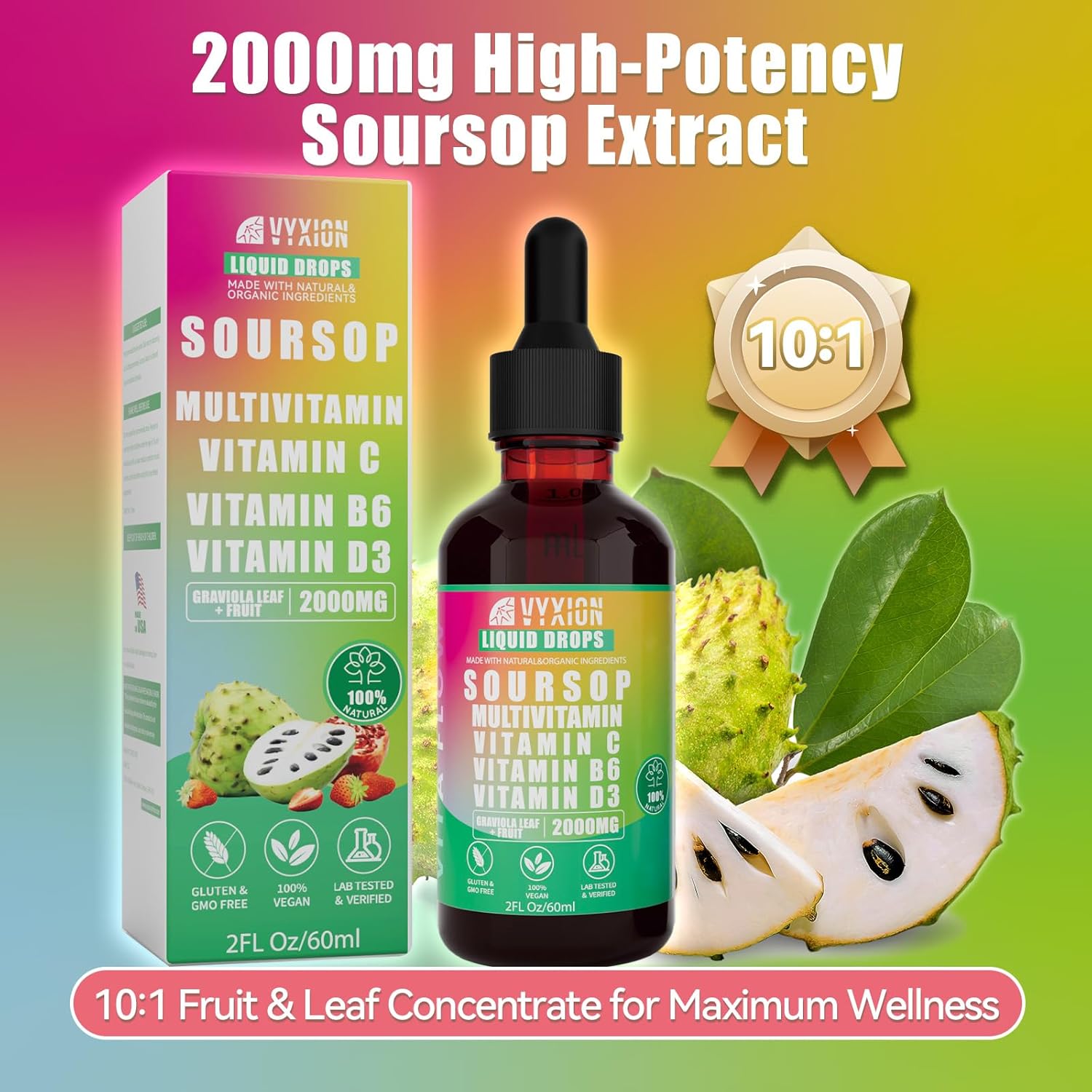 Vyxion Soursop Bitters Liquid, Soursop Multivitamin Drops - 2000mg 10:1 Extract from Fruit & Leaf, Vitamin B6, C, D3, Graviola Liquid Drops | Vegan, Non-GMO | 2 Fl Oz