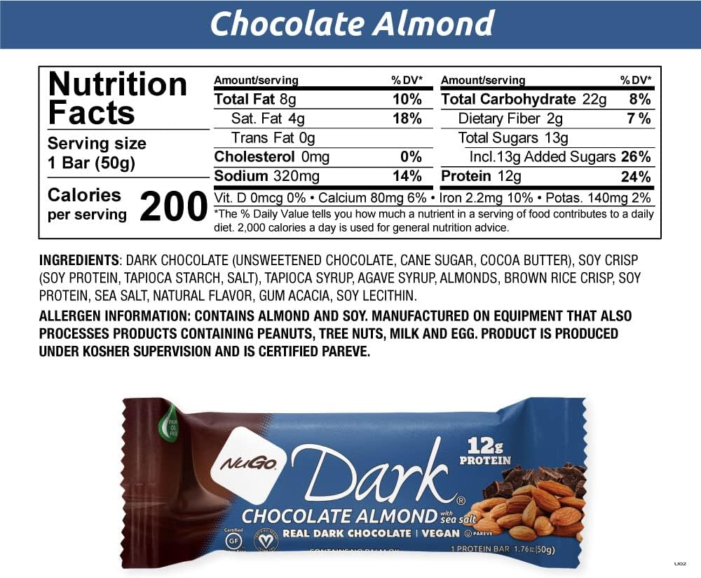 NuGo Dark Chocolate Almond w/Sea Salt, 12g Protein Bar, Vegan, Gluten Free, Non-GMO, Kosher Pareve, 12 Count