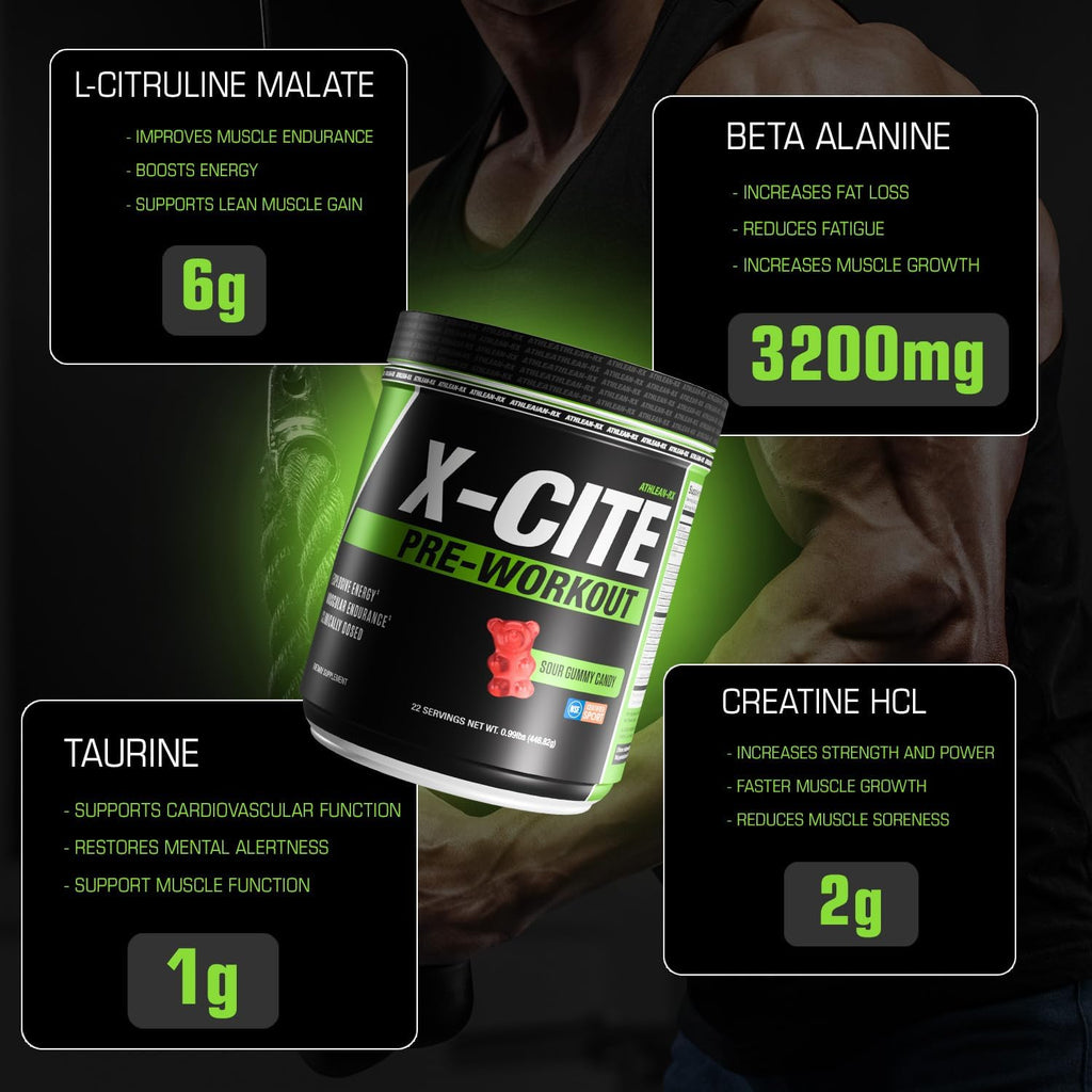 X-CITE Pre-Workout by ATHLEAN-X - Enhanced Formula with Beta-Alanine, Creatine & Caffeine for Ultimate Energy, Endurance, Focus & Muscle Pump, NSF Certified for Sports (22 Servings, Sour Gummy Bear)
