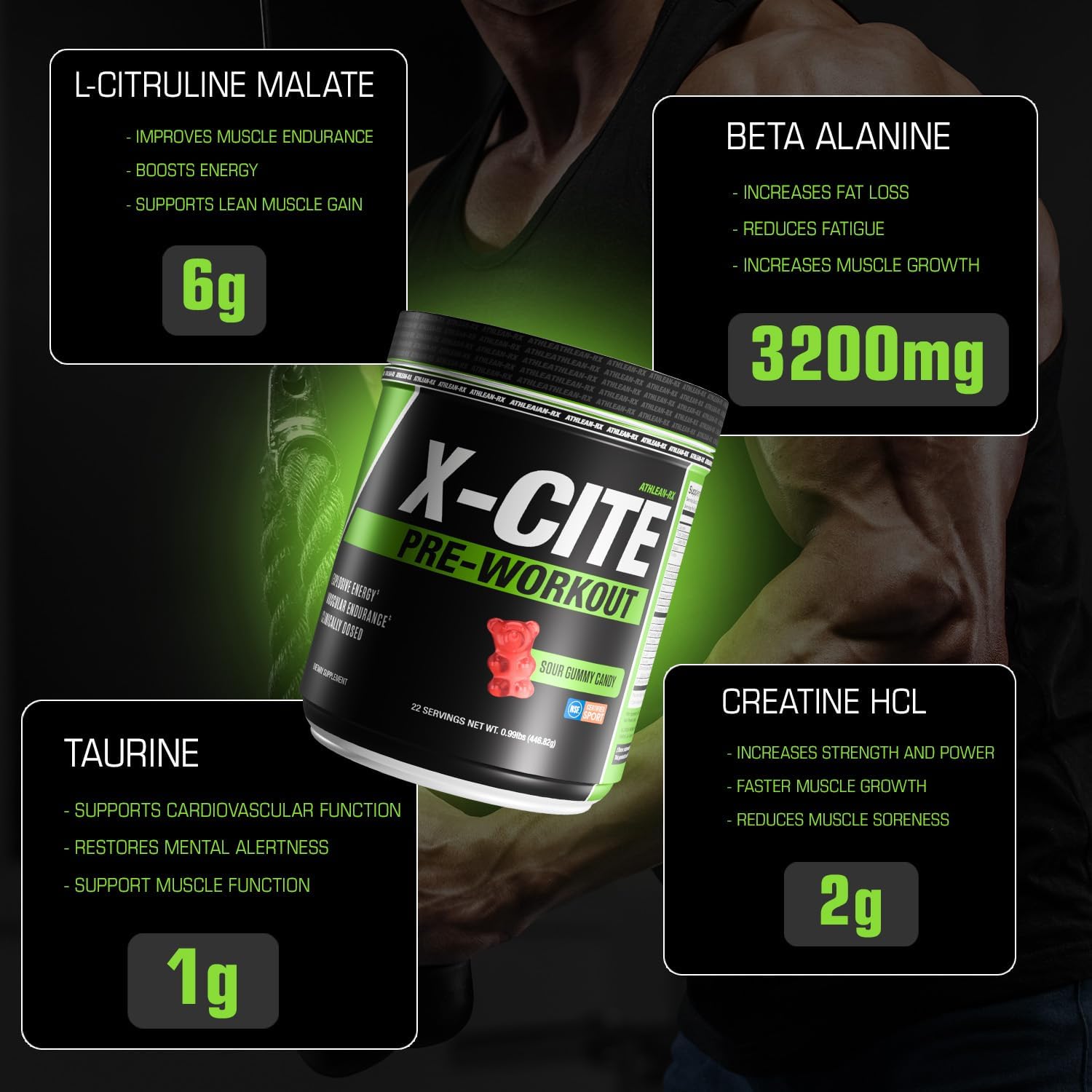 X-CITE Pre-Workout by ATHLEAN-X - Enhanced Formula with Beta-Alanine, Creatine & Caffeine for Ultimate Energy, Endurance, Focus & Muscle Pump, NSF Certified for Sports (22 Servings, Sour Gummy Bear)