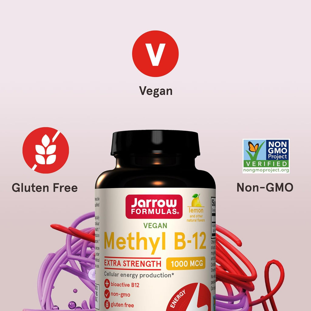 Jarrow Formulas Extra Strength Methyl B-12, Dietary Supplement for Cellular Energy Production, 100 Lemon-Flavored Chewable Tablets, Up to a 100 Day Supply