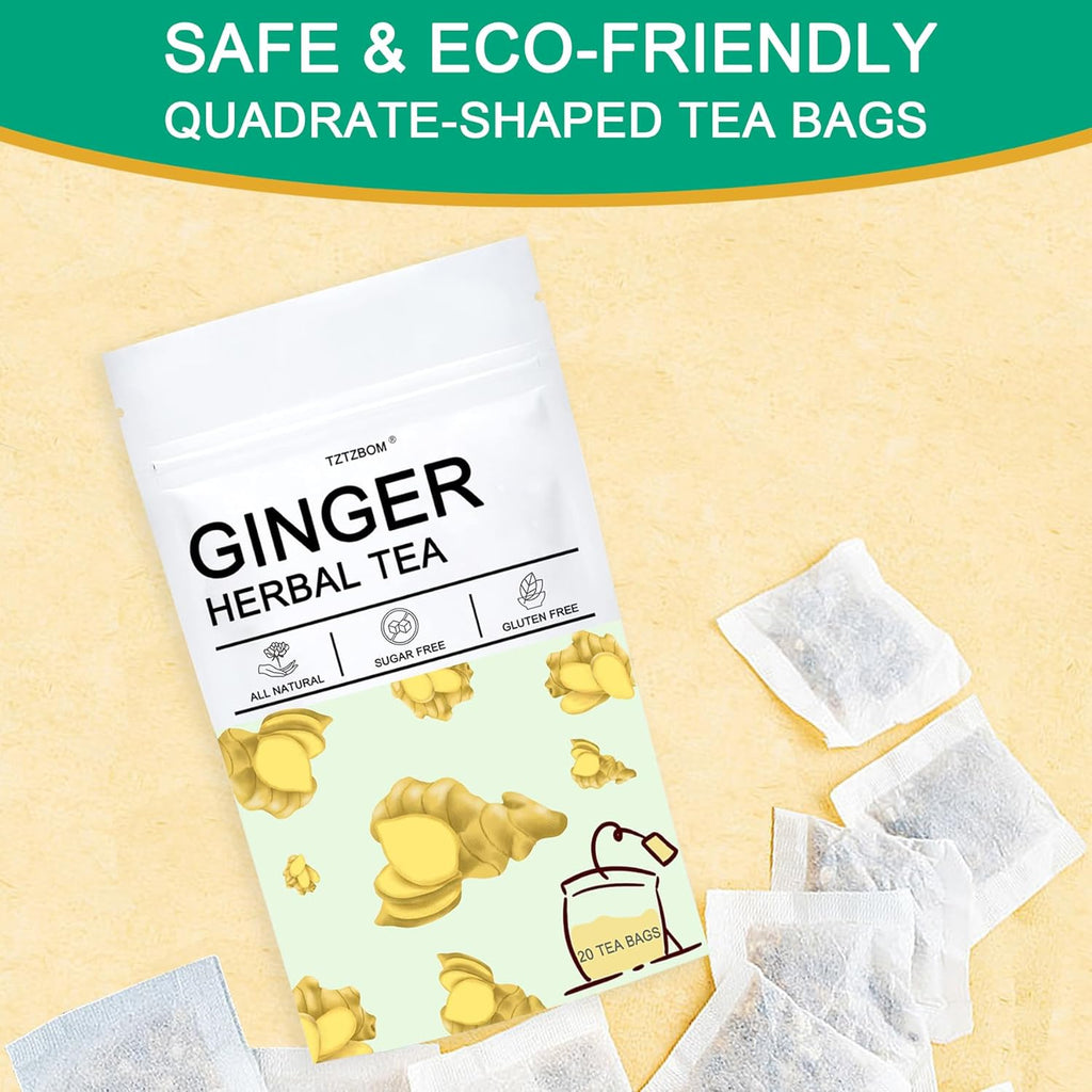TZTZBOM Ginger Tea Bags - 100% Pure Ginger Root & Lemon Peel & Liquorice Root - Soothing & Spicy Blend Natural Herbal Tea (20 Tea Bags)