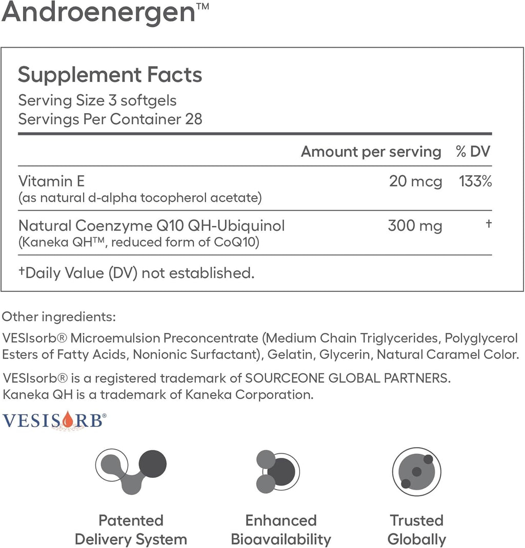 AndroEnergen Male Fertility Supplements, Ubiquinol 100mg CoQ10 Softgels to Support Men’s Reproductive & Sperm Health with Kaneka QH CoQ10 & VESIsorb® Absorption Technology (84 Softgels 28 Day Supply)