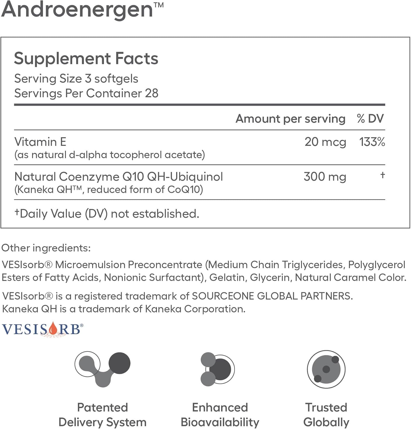 AndroEnergen Male Fertility Supplements, Ubiquinol 100mg CoQ10 Softgels to Support Men’s Reproductive & Sperm Health with Kaneka QH CoQ10 & VESIsorb® Absorption Technology (84 Softgels 28 Day Supply)