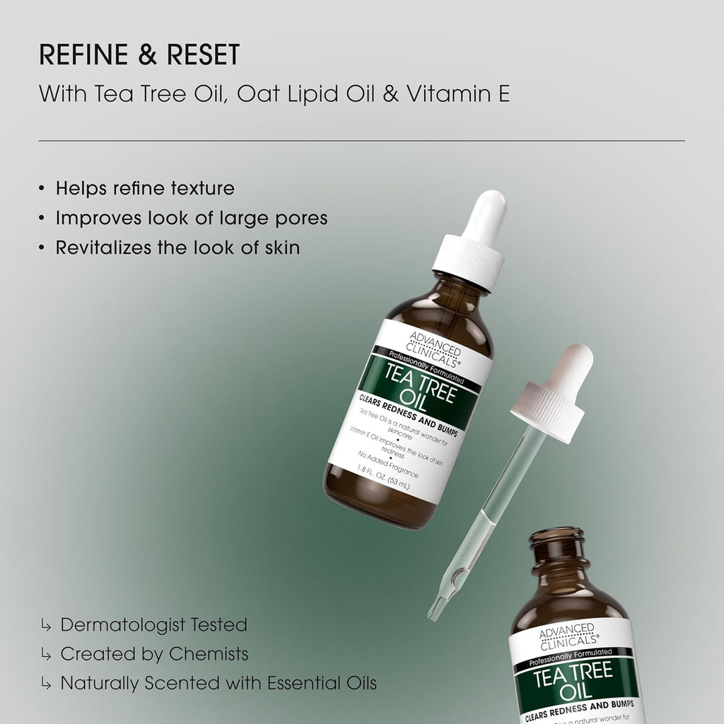 Advanced Clinicals Tea Tree Oil For Skin Facial Serum | Tea Tree Serum For Face With Vitamin E + Botanicals To Help Improve Appearance Of Large Pores & Skintone For Smoother Looking Skin, 1.8 Fl Oz