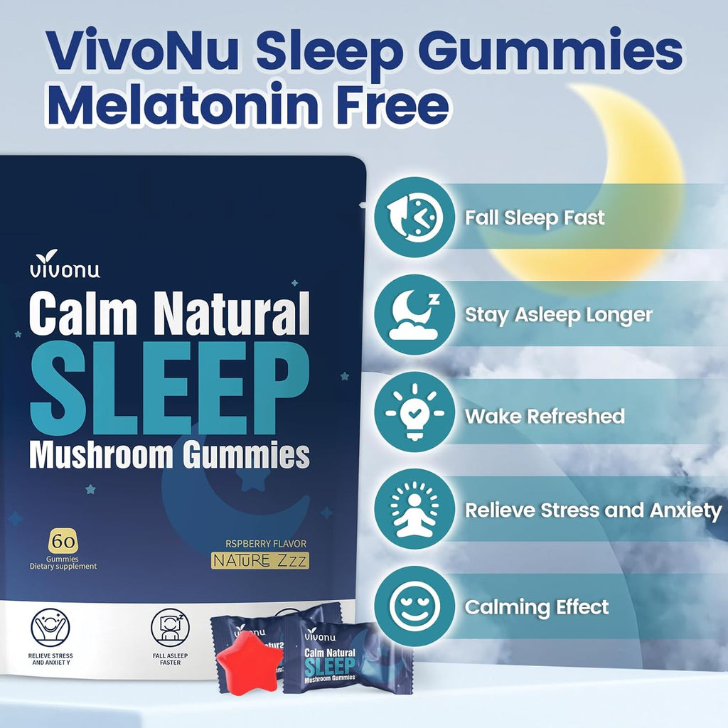 Sleep Gummies Melatonin Free with L-Theanine, Magnesium, Reishi Mushroom,Valerian Root, Passionflower | Non-Habit Forming Sleep Aid | Non-GMO Sleep Gummies for Adults | Raspberry Flavor (60pcs)