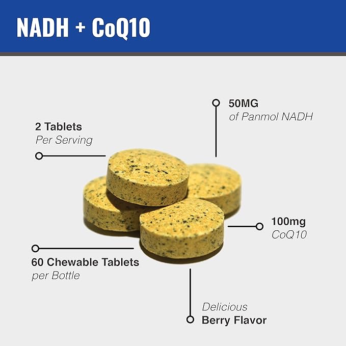 MAAC10 NADH + CoQ10 Supplement | Great Tasting Chewable Tablets | 50mg PANMOL® NADH + 100mg CoQ10 | for Fatigue, Energy and Mental Focus | NAD+ Supplement (60 Tablets 2 per Serving)
