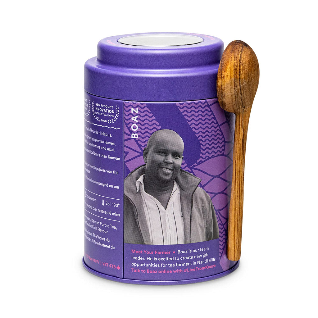 JusTea PURPLE RAIN | Loose Leaf Purple Tea | Tin with Hand Carved Tea Spoon | 40+ Cups (2.8oz) | Very Low Caffeine | Award-Winning | Fair Trade | Non-GMO