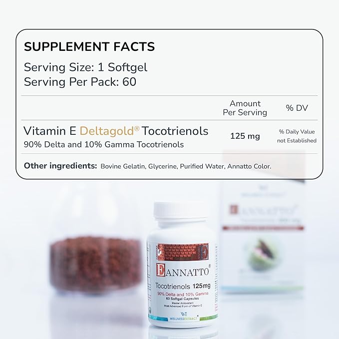 WELLNESS EXTRACT Eannatto Tocotrienols Vitamin E Supplements Tocopherol Free, Non-GMO, Gluten Free & Antioxidant 125MG 60 Softgels (Pack of 4)