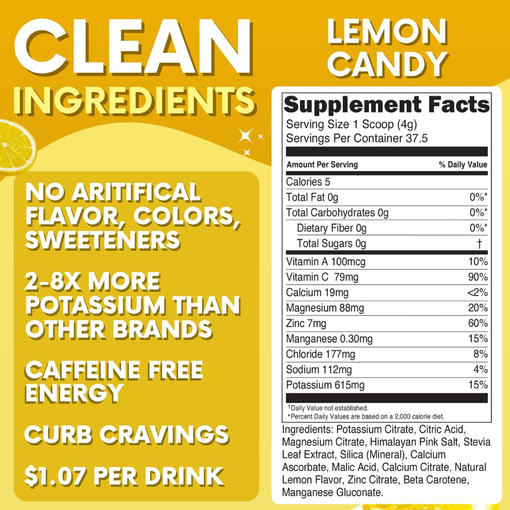 Zero Sugar - Lemon Candy Electrolytes Powder - Refreshing Hydration - Caffeine Free Energy with All Natural Ingredients - Vegan, Keto & Paleo - Sugar Free Electrolytes Powder Drink Mix - 37 Servings