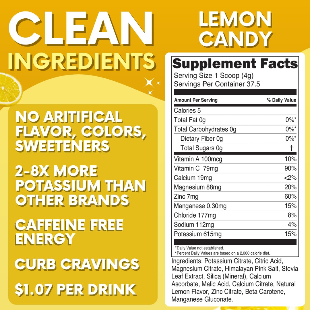 Zero Sugar - Lemon Candy Electrolytes Powder - Refreshing Hydration - Caffeine Free Energy with All Natural Ingredients - Vegan, Keto & Paleo - Sugar Free Electrolytes Powder Drink Mix - 37 Servings