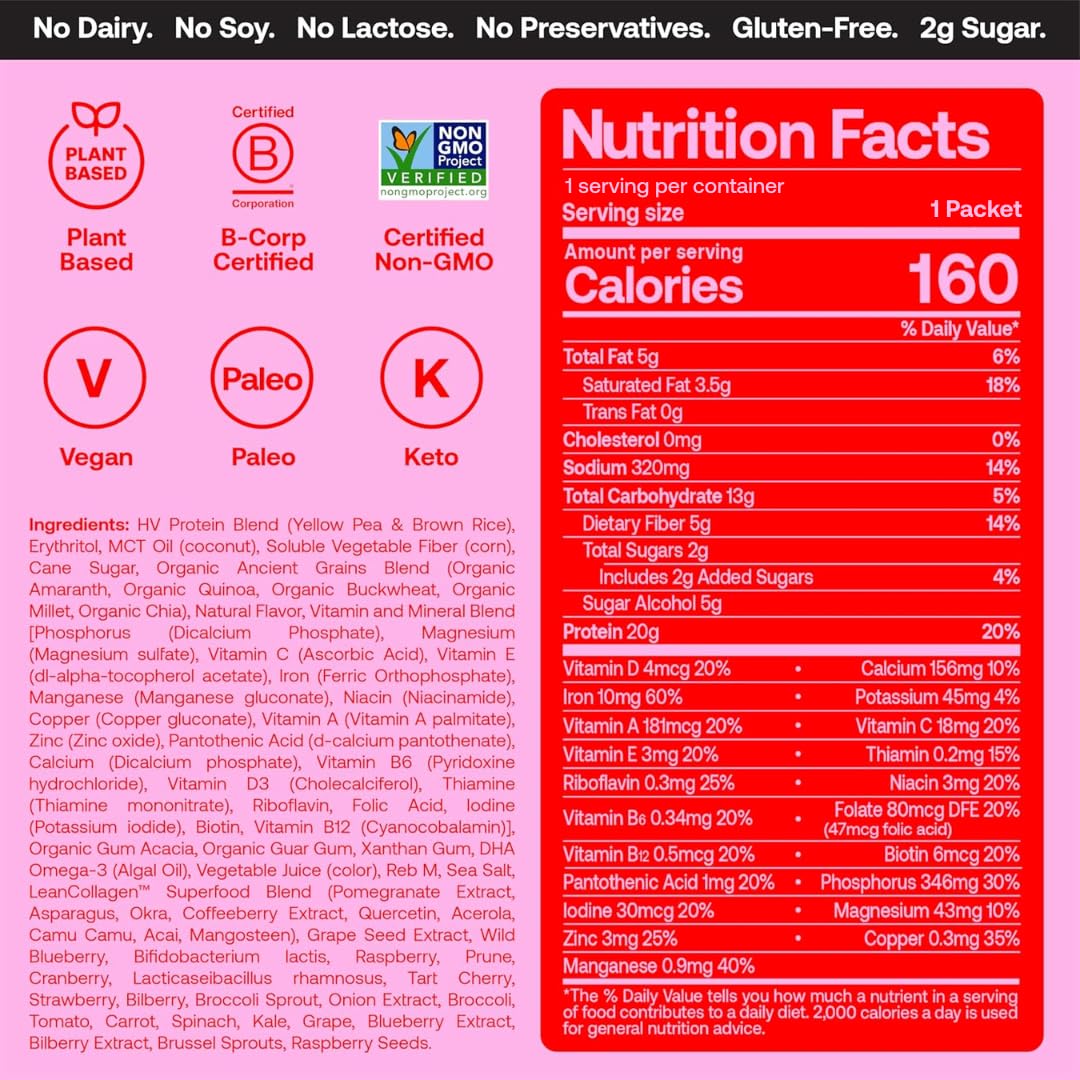 Happy Viking Strawberry Smoothie Plant Protein Powder, Created by Venus Williams, 20G Protein, Low Carb, Keto, Vegan, Gluten-Free, Non-GMO, Superfoods, Complete Meal Replacement, 8 Single Serve Packs