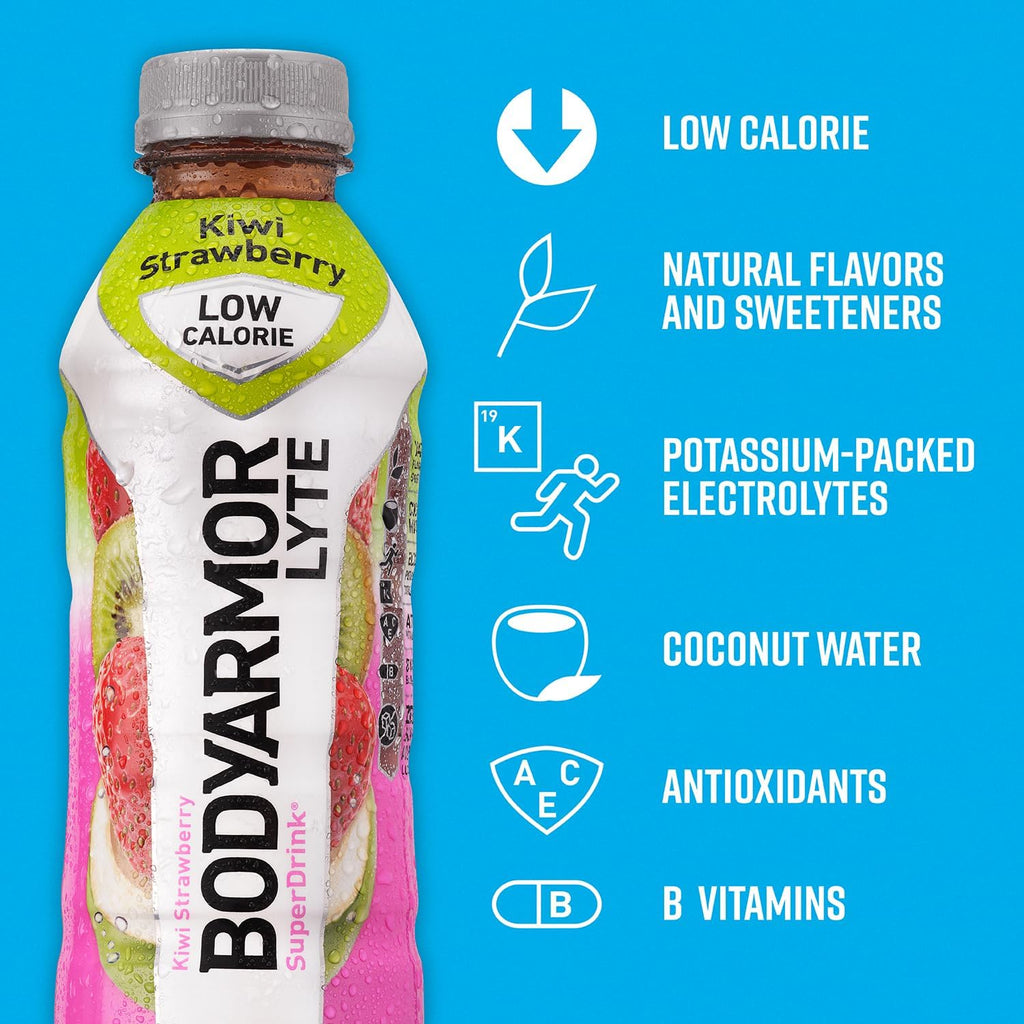BODYARMOR LYTE Sports Drink Low-Calorie Sports Beverage, Kiwi Strawberry, Coconut Water Hydration, Natural Flavors With Vitamins, Potassium-Packed Electrolytes, Perfect For Athletes, 16 Fl Oz (Pack of 12)