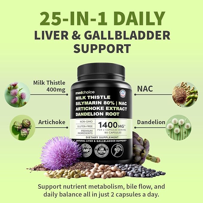 Milk Thistle Supplement w/ NAC, Artichoke & Dandelion – Liver Support Supplement & Gallbladder Supplements in One – Liver Detox – Milk Thistle & Liver Care Supplements – 90 Vegan Capsules, Pack of 1