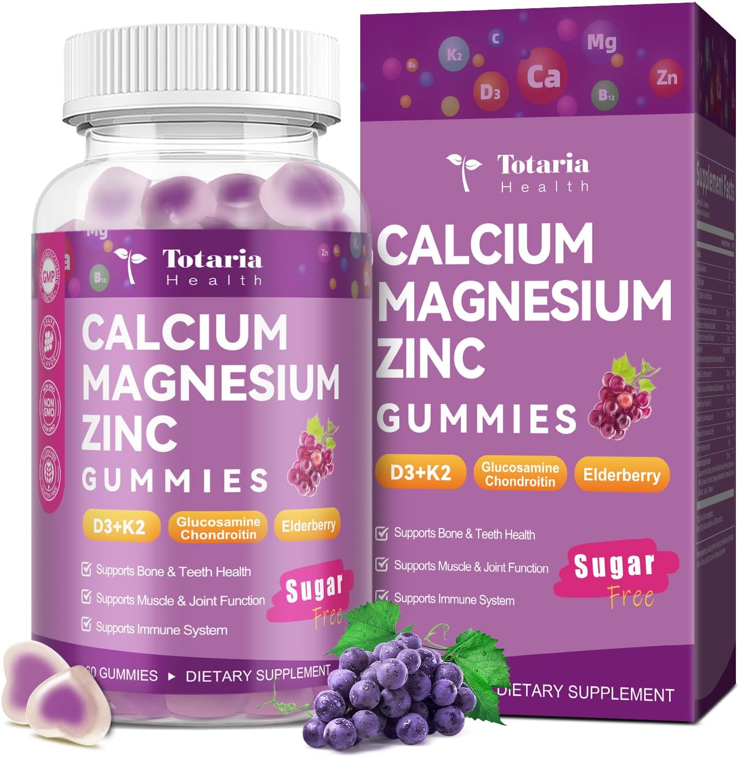 Sugar Free Calcium Magnesium Zinc Gummies for Women Men, 19-in-1 Ultimate Absorption Calcium 1200 mg with Vitamin D3 K2 w/Boron, B6, Ashwagandha, for Bone, Teeth, Immune, Joint, Calm, Vegan