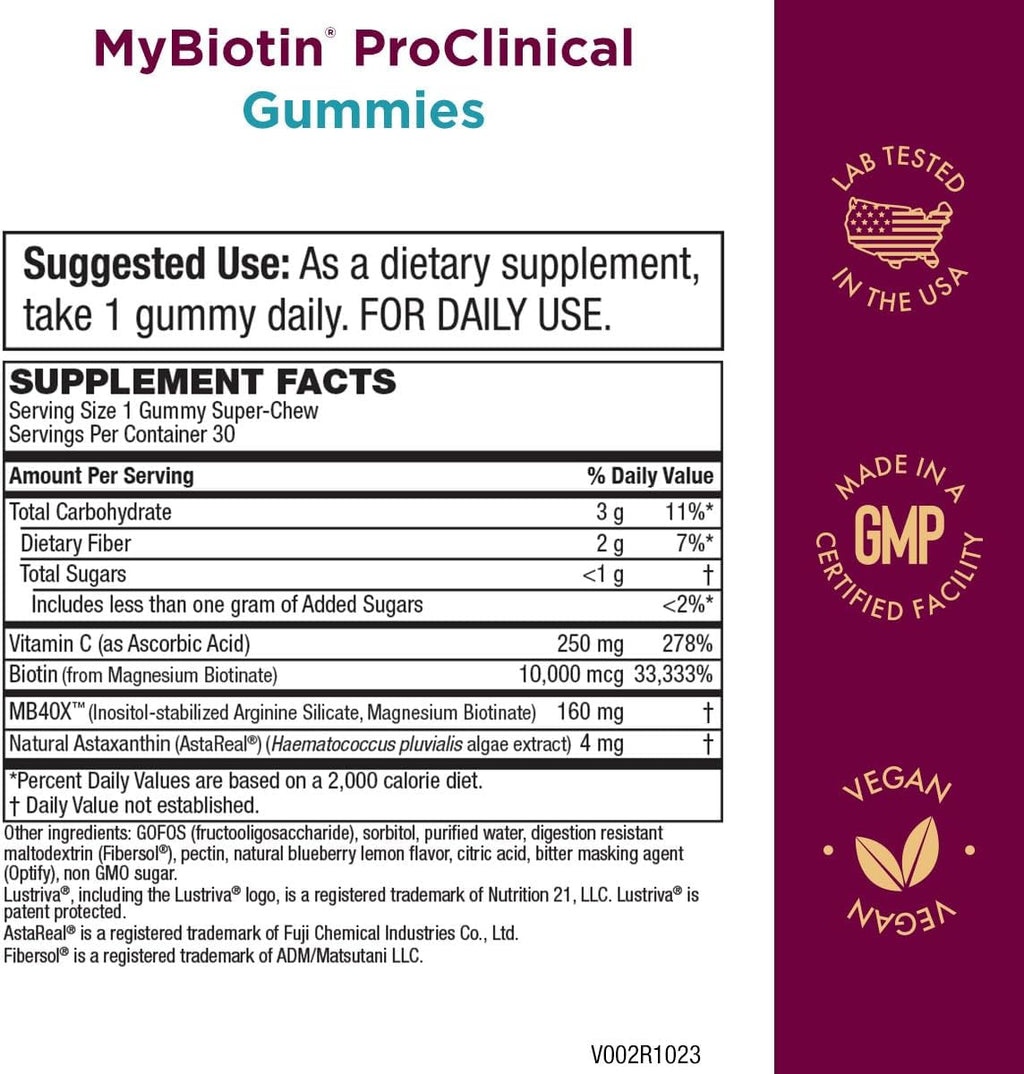 Purity Products MyBiotin ProClinical Gummies - Thicker Hair Starting in 3 Weeks & Fights Wrinkles - MB40X Biotin Matrix w/Astaxanthin - 40X More Soluble vs Ordinary Biotin 30 Berry Gummy Chews