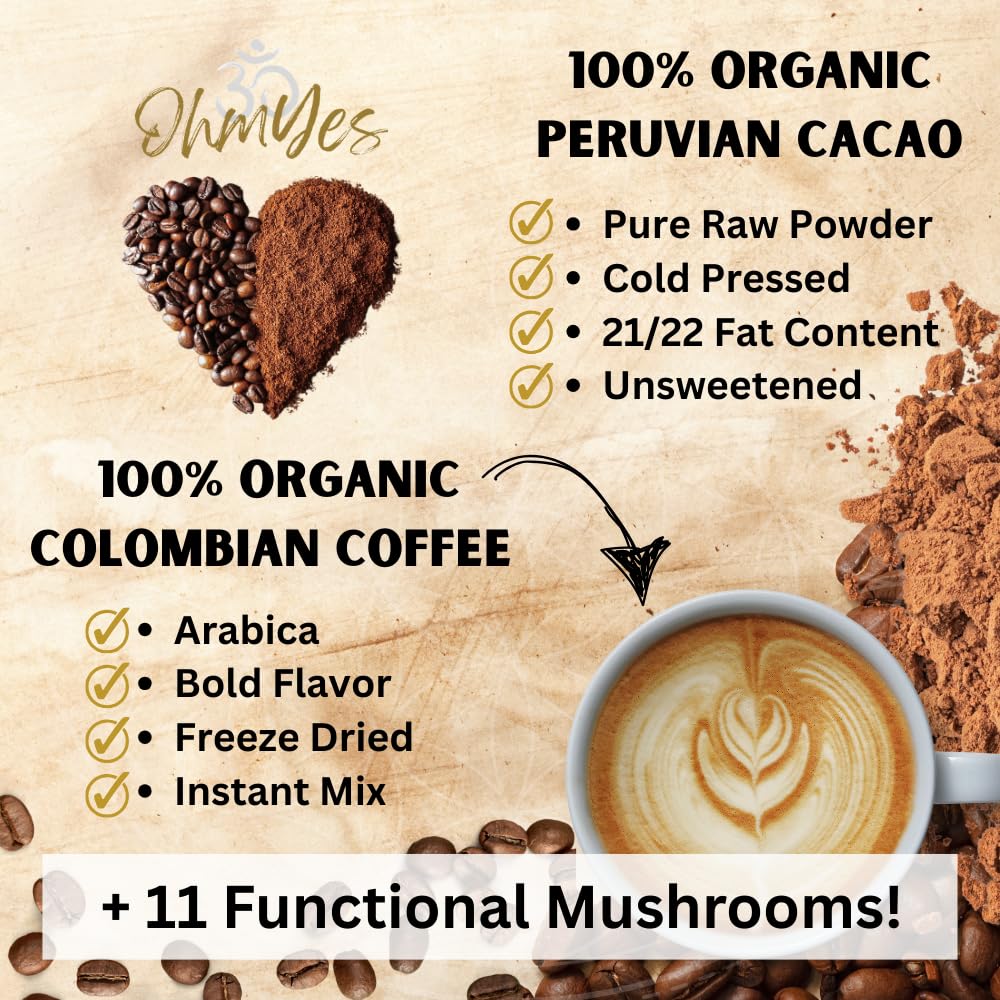 OhmYes 11 Mushroom Coffee + Cacao – Organic Nootropic Superfood Blend with Lion’s Mane, Reishi, Chaga, Cordyceps & Theobromine – Natural Brain Supplement for Memory, Focus & Energy (7 oz)