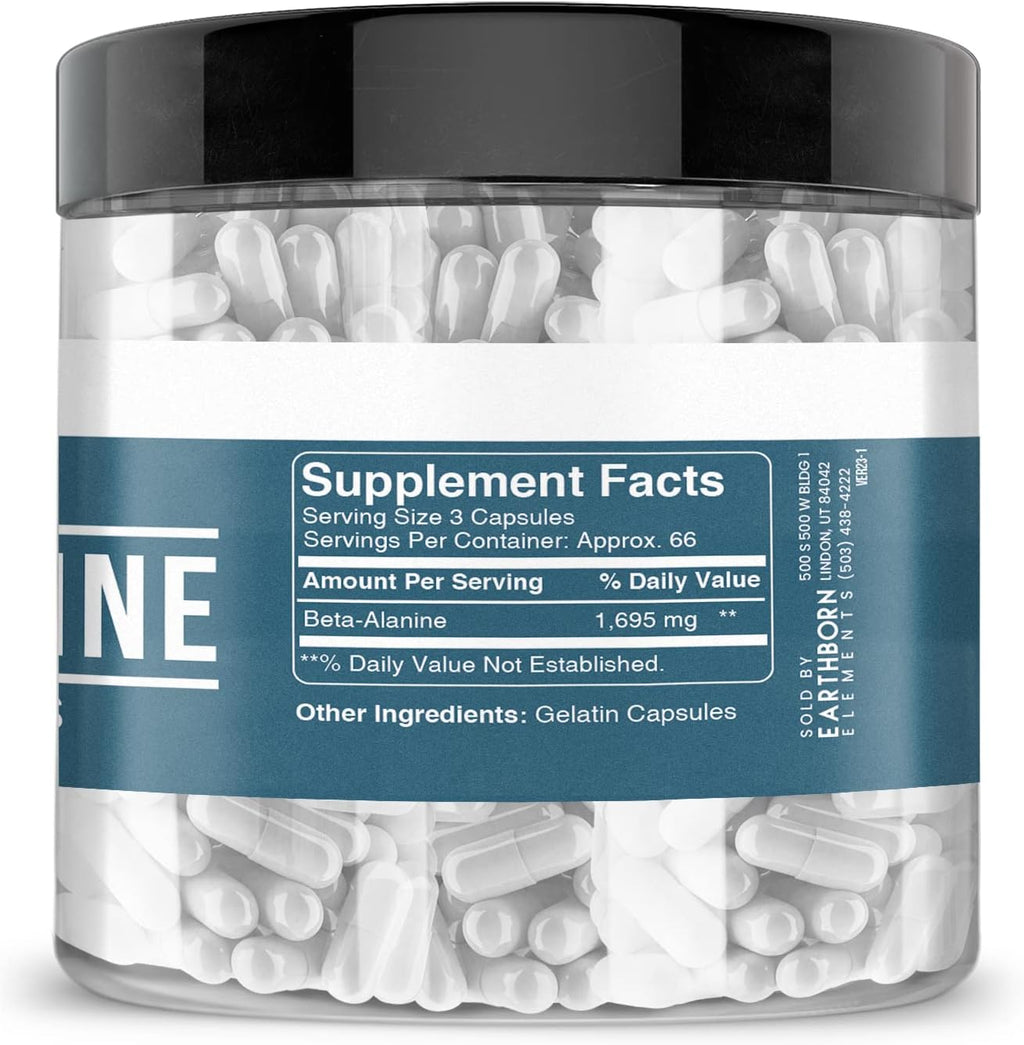 Earthborn Elements Beta-Alanine 200 Capsules, Pure & Undiluted, No Additives
