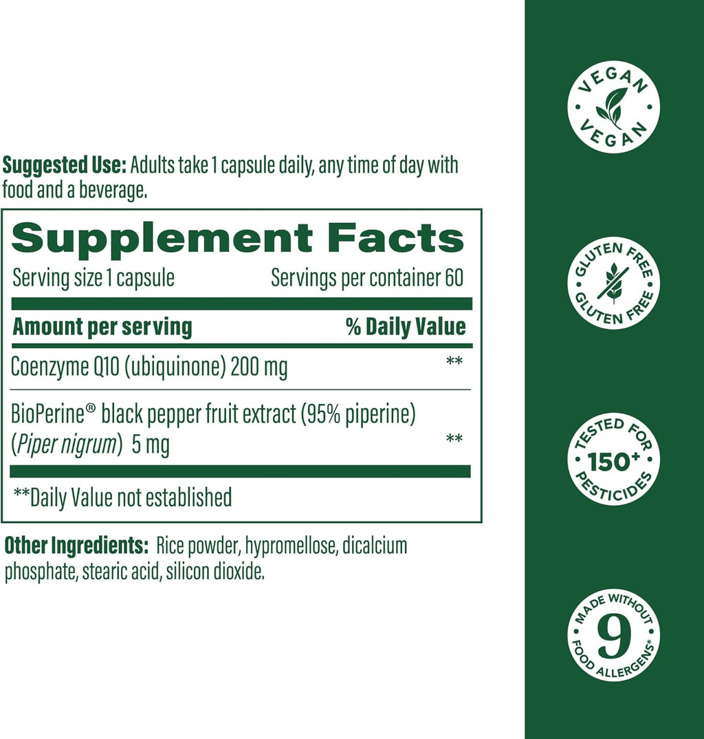 MegaFood High Absorption CoQ10 200mg Per Serving - with BioPerine Black Pepper Extract - Antioxidant Support for Cellular Energy & Healthy Aging - 60 Heart Health Supplements Capsules, 60 Servings