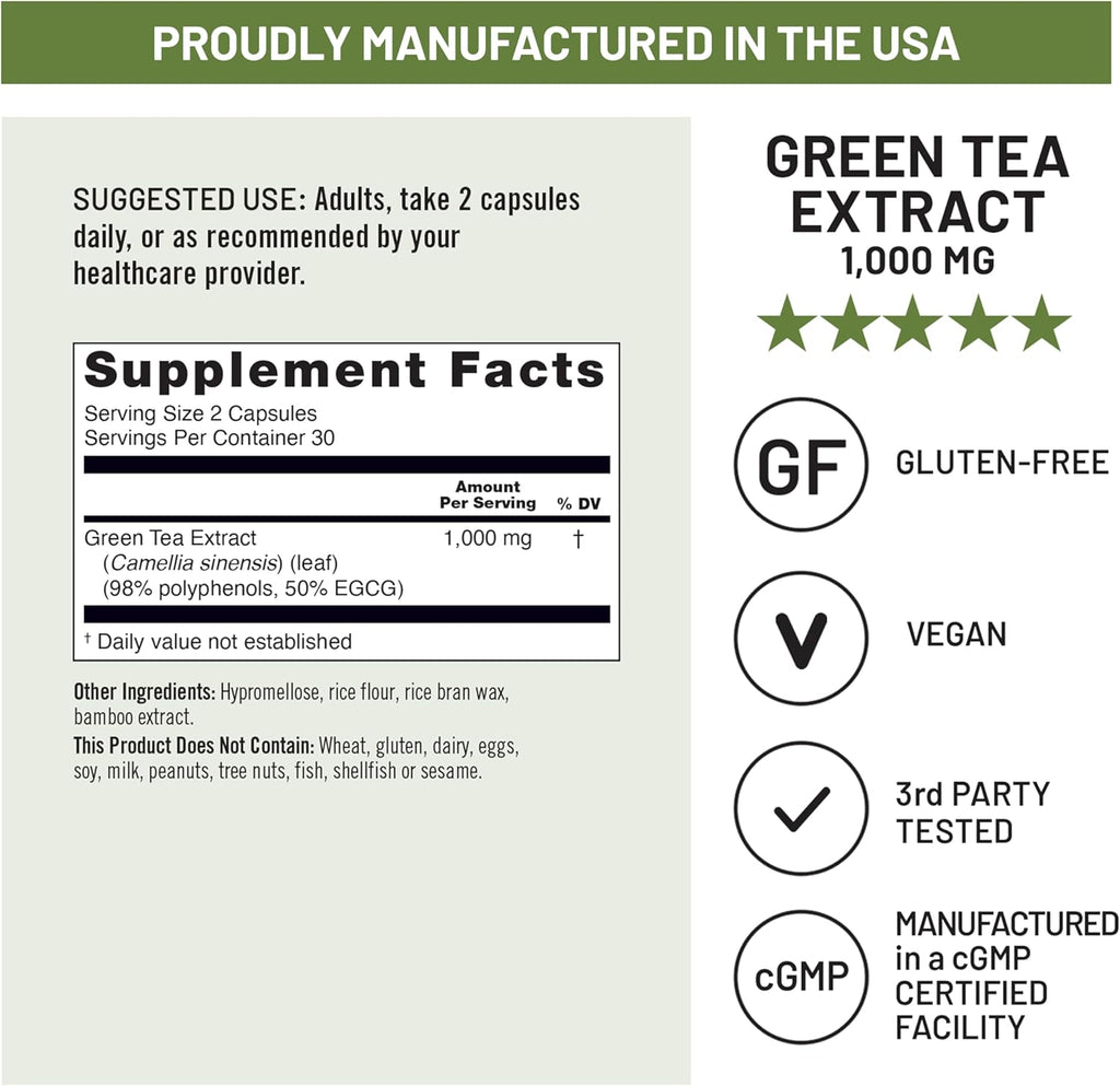NatureWise Green Tea Extract Capsules 1000 mg - 50% EGCG & 98% Polyphenols - Extra Strength Green Tea Pills - Antioxidants for Heart Health & Energy - Vegan, Non-GMO - 60 Count[30-Day Supply]