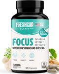 FreshCap 4-in-1 Focus Supplement - Supplements for Memory and Focus - Memory Supplement for Brain, Brain Booster Supplement, Lions Mane Extract, Ayurveda Ginseng (120 Capsules)