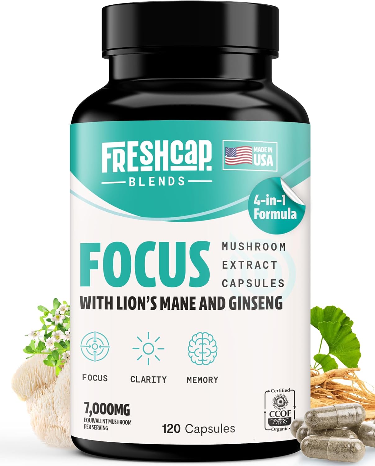 FreshCap 4-in-1 Focus Supplement - Supplements for Memory and Focus - Memory Supplement for Brain, Brain Booster Supplement, Lions Mane Extract, Ayurveda Ginseng (120 Capsules)