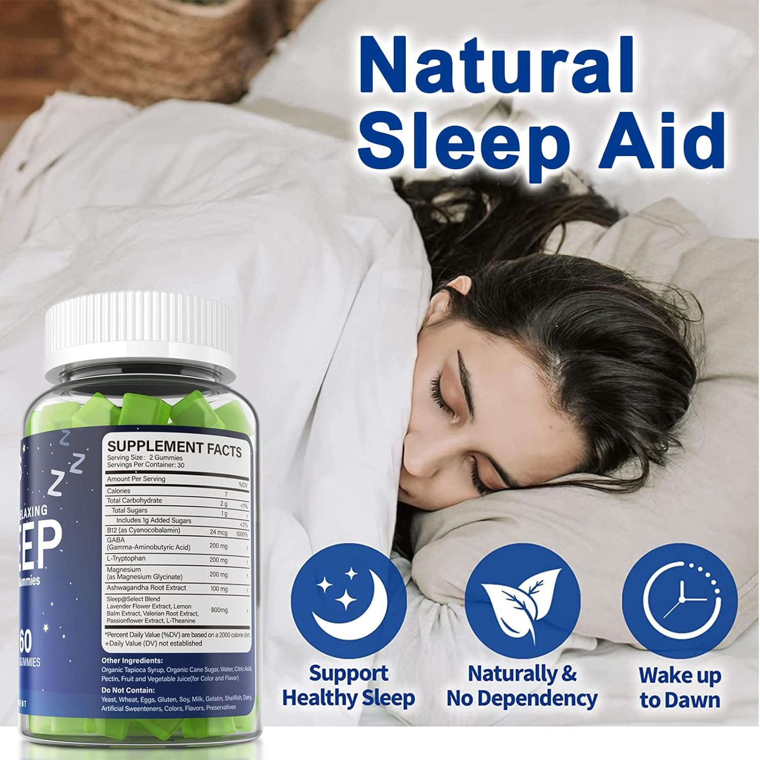 NEVISS Melatonin Free Sleep Aid Gummies for Adults - Magnesium Glycinate Gummies | GABA, L-Tryptophan, Magnesium, Ashwagandha - Non-Habit Forming, Help for Deep Relaxation - Vegan, Lemon Flavor, 1Pack