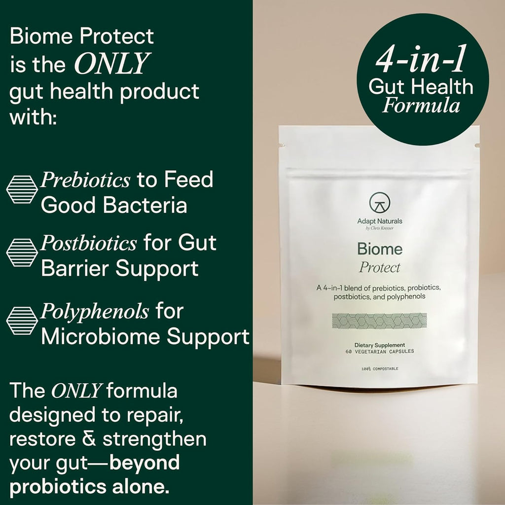 Adapt Naturals 4-in-1 Biome Protect Prebiotics, Probiotics Supplement Postbiotics & Polyphenols for Microbiome, Gut Health & Defense for Women & Men, 30 Day Supply
