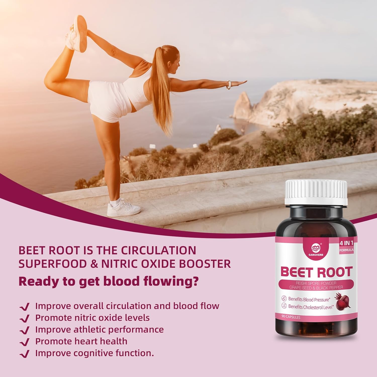 Beet Root Capsules 24000mg with Grape Seed Extract, Beetroot Supplement 4 in 1 with Reishi Mushroom, Black Pepper to Support Circulation, 90 Rapid Release Capsules