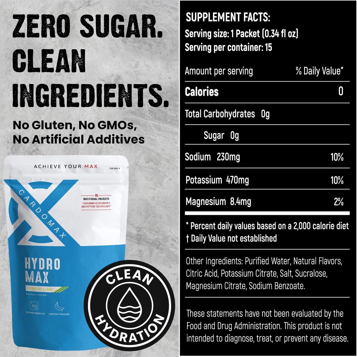 CardoMax Hydromax Electrolyte Drink Mix – Lemon Lime 15 Liquid Packets with Potassium & Magnesium – Zero Sugar, Keto & Vegan Electrolytes for Hydration