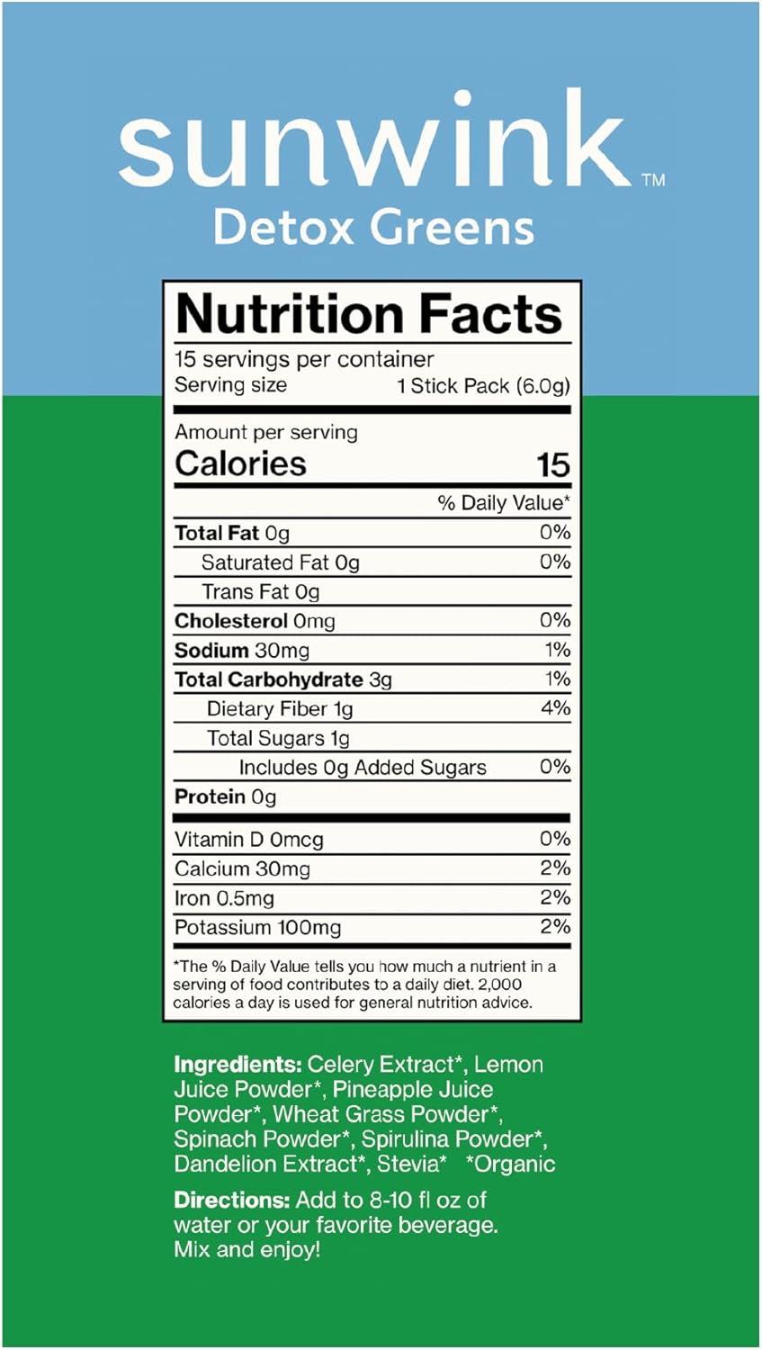 Sunwink Detox Powdered Greens - Organic Greens SuperFood Powder for Debloat - Super Greens Powder w/Celery, Dandelion, Spirulina - Daily Greens Powder for Gentle Detox (6g Each, Pack of 15)