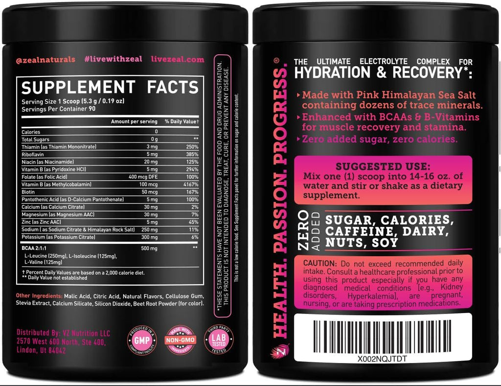 Zeal Electrolyte Powder - 90 Servings | Keto Electrolytes Powder | Zero Sugar, BCAAs, B-Vitamins | Potassium, Zinc, Magnesium | Hydration Powder Recovery Drink | Raspberry Guava