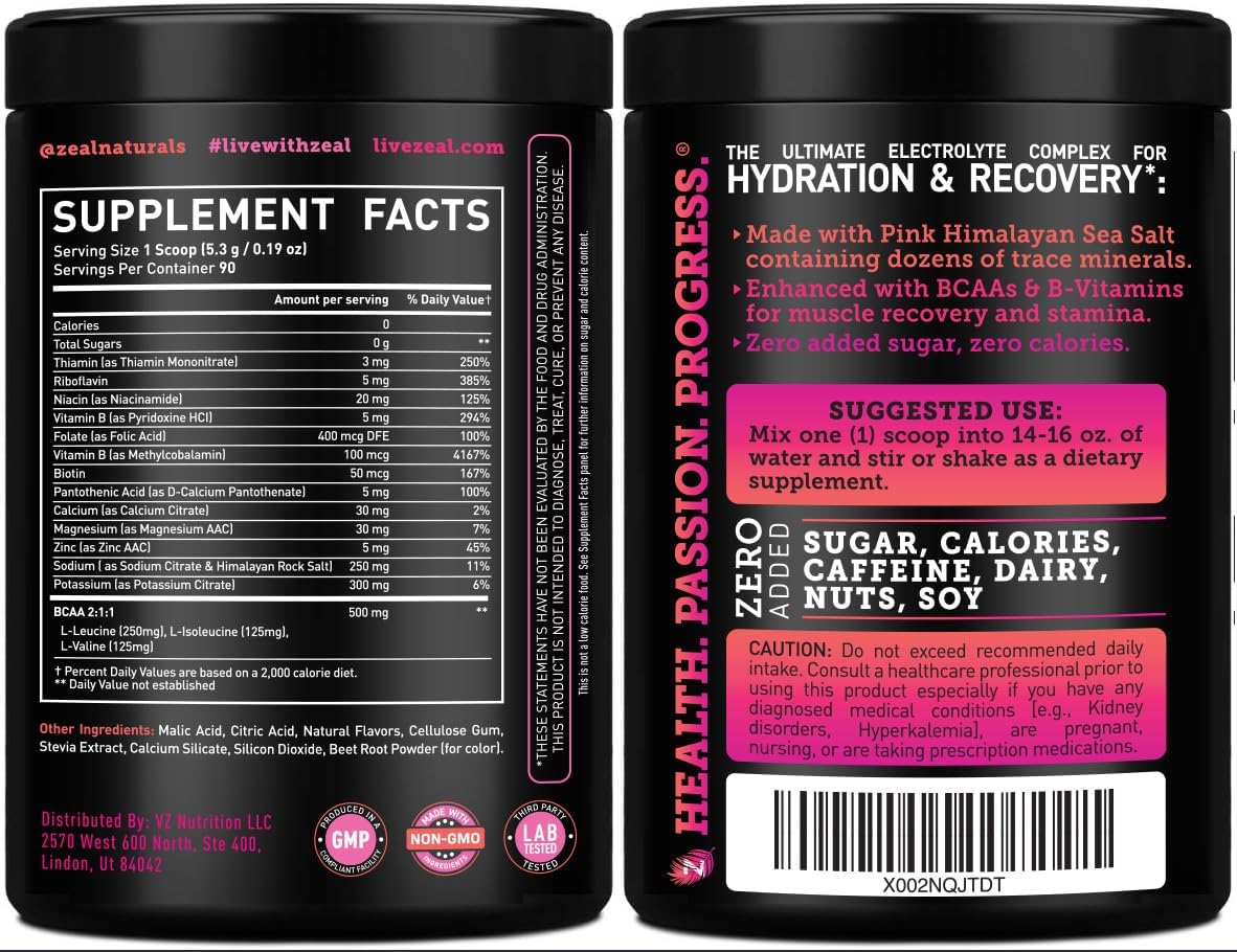 Zeal Electrolyte Powder - 90 Servings | Keto Electrolytes Powder | Zero Sugar, BCAAs, B-Vitamins | Potassium, Zinc, Magnesium | Hydration Powder Recovery Drink | Raspberry Guava