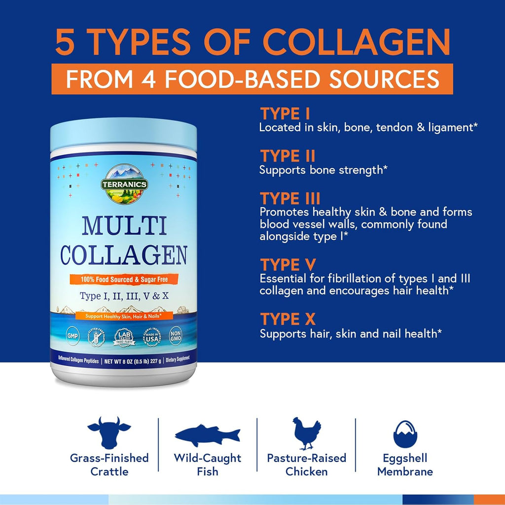 Terranics Multi Collagen Peptides Powder, Type I II III V X Collagen for Women & Men, Collagen Supplements for Skin, Nail, Hair, Easy to Dissolve, Unflavored, No Sugar, Keto, 8oz